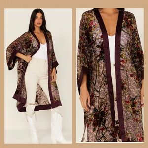 Band of Gypsies NWT Women’s Floral Print Burnout Kimono in Plum Olive Oversized